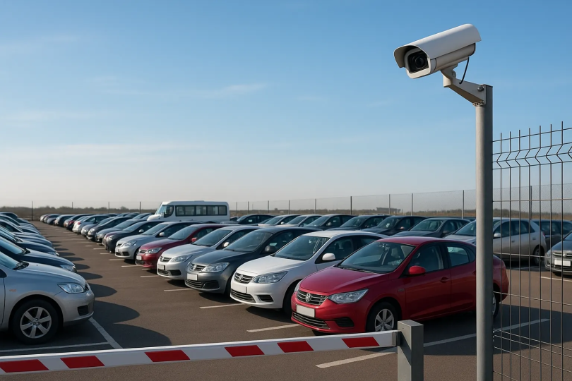 Long Stay Airport Parking Security and Transfers Secure long stay car park with CCTV and shuttle service in background