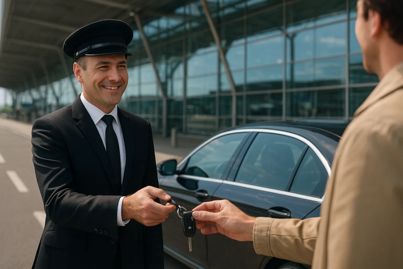 Meet and Greet Airport Parking Service Chauffeur receiving car from traveller at airport terminal for Meet and Greet parking service