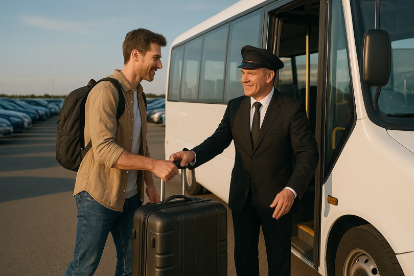 Park and Ride Airport Shuttle Transfer Traveller boarding airport shuttle bus from Park and Ride car park