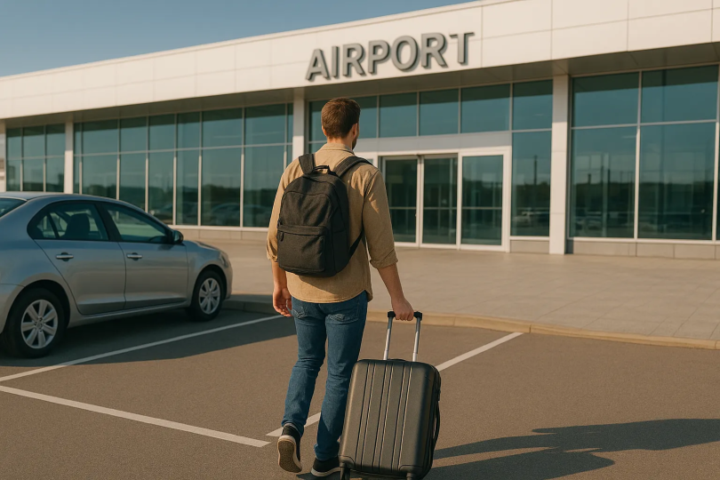 Short Stay Airport Parking Close to Terminal Traveller walking from parked car directly to airport terminal entrance